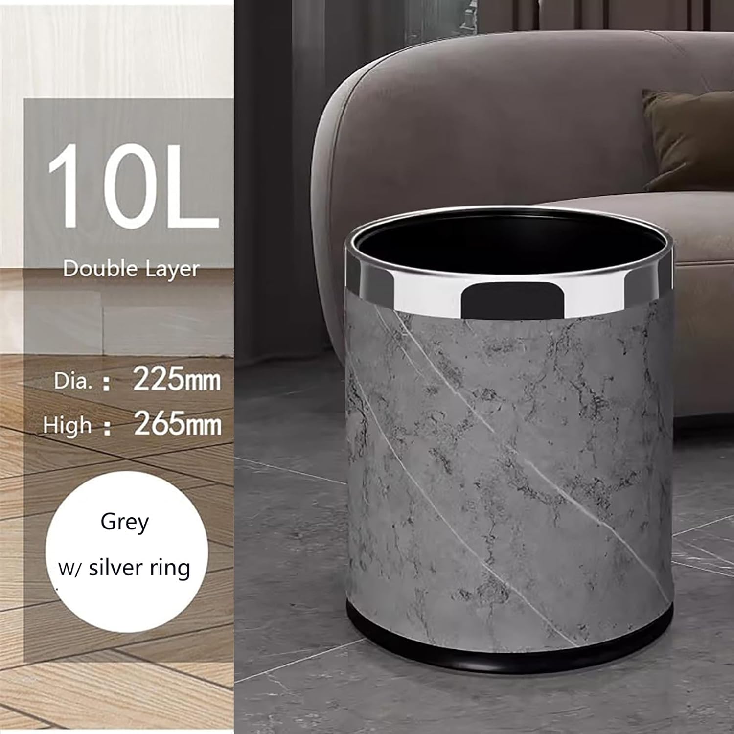 Luxury Metal Waste Bin 10L, Double Layer Trash Can PU Leather Covered Round Wastebasket Dust Bins for Kitchen Bathroom Hotel Office (Silver Grey)