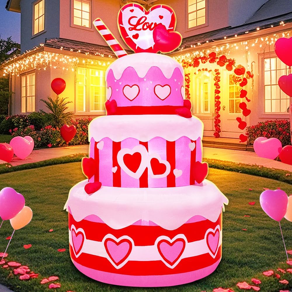 5FT Valentines Inflatables Birthday Cake Outdoor Decorations with Candles Heart, Build-in LED Lights for Happy Birthday Party Indoor Wedding Anniversary Garden Yard Lawn Décor