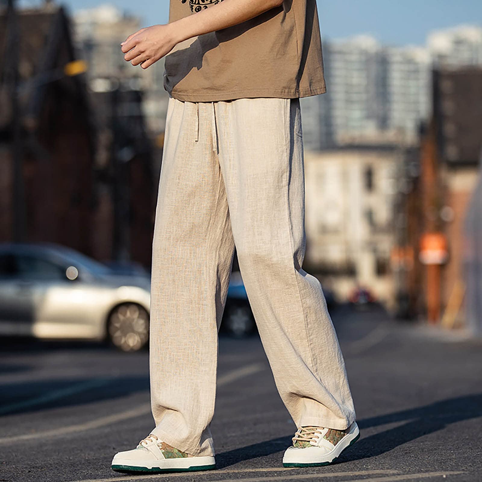Generico Pantaloni Lino Uomo,Pantaloni Uomo Estivi,Pantaloni Lino Eleganti a Gamba Dritta per Stagione Primaverile Comodi e Moderni