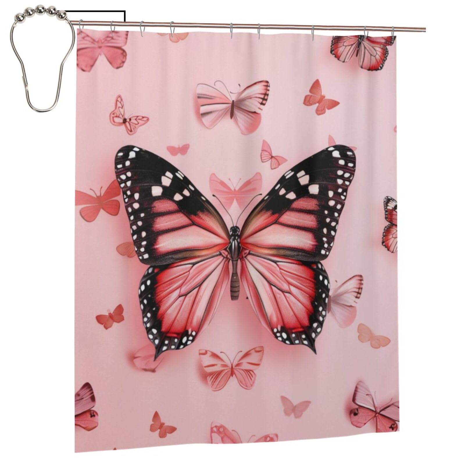 BWWHCCTI Butterfly Printed Shower Curtain With 12 Iron Hooks Opaque Quick Drying Waterproof Shower Curtains Sets For Bathroom 152x183 Cm