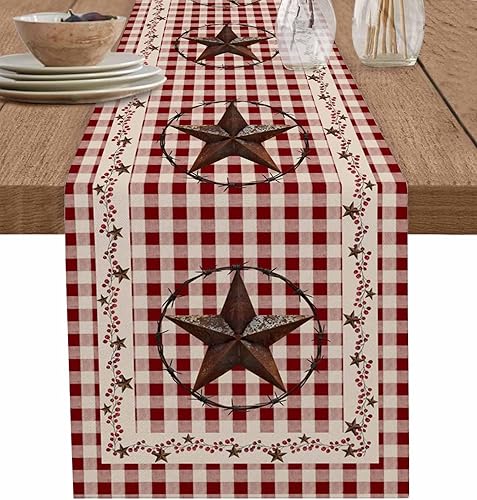 Camino de mesa vintage de lino y algodón occidental, con marco de granja y estrellas de bayas y vides, 13 x 90 pulgadas, decoración de cocina,