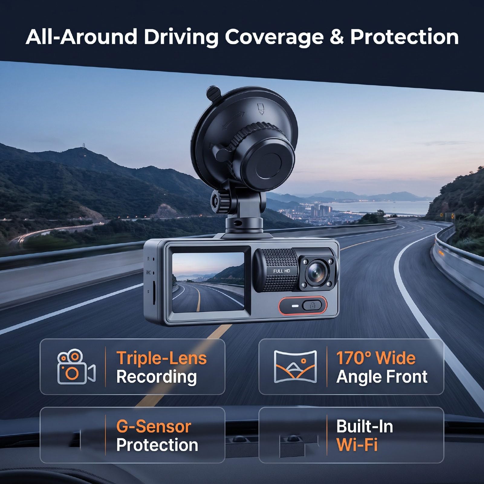 XUMIUZIY Dash Cam con Tripla Lente Anteriore e Posteriore Interna, Nera