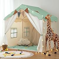 Besrey Kids Play Tent 2-in-1 with Padded Mat & Lights, Large Green Playhouse 51x35x51, 2 Doors 4 Windows Indoor Outdoor Toddler Fun