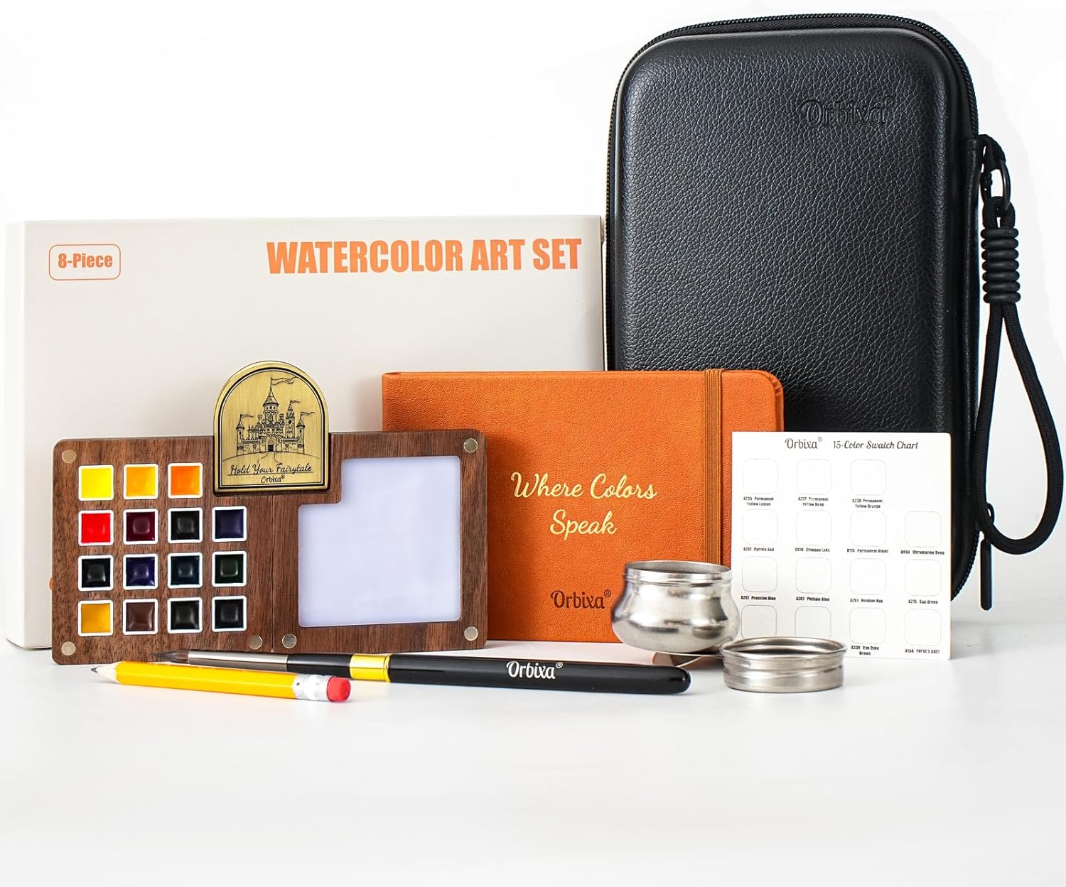 Orbixa Mini Watercolor Travel Set, 15 Artist-Grade Colors in Solid Walnut Palette, 100% Cotton Sketchbook, Water Brush, Water Cup & PU Leather Case — Portable Painting Gift for Artists (Cosmic Orange)