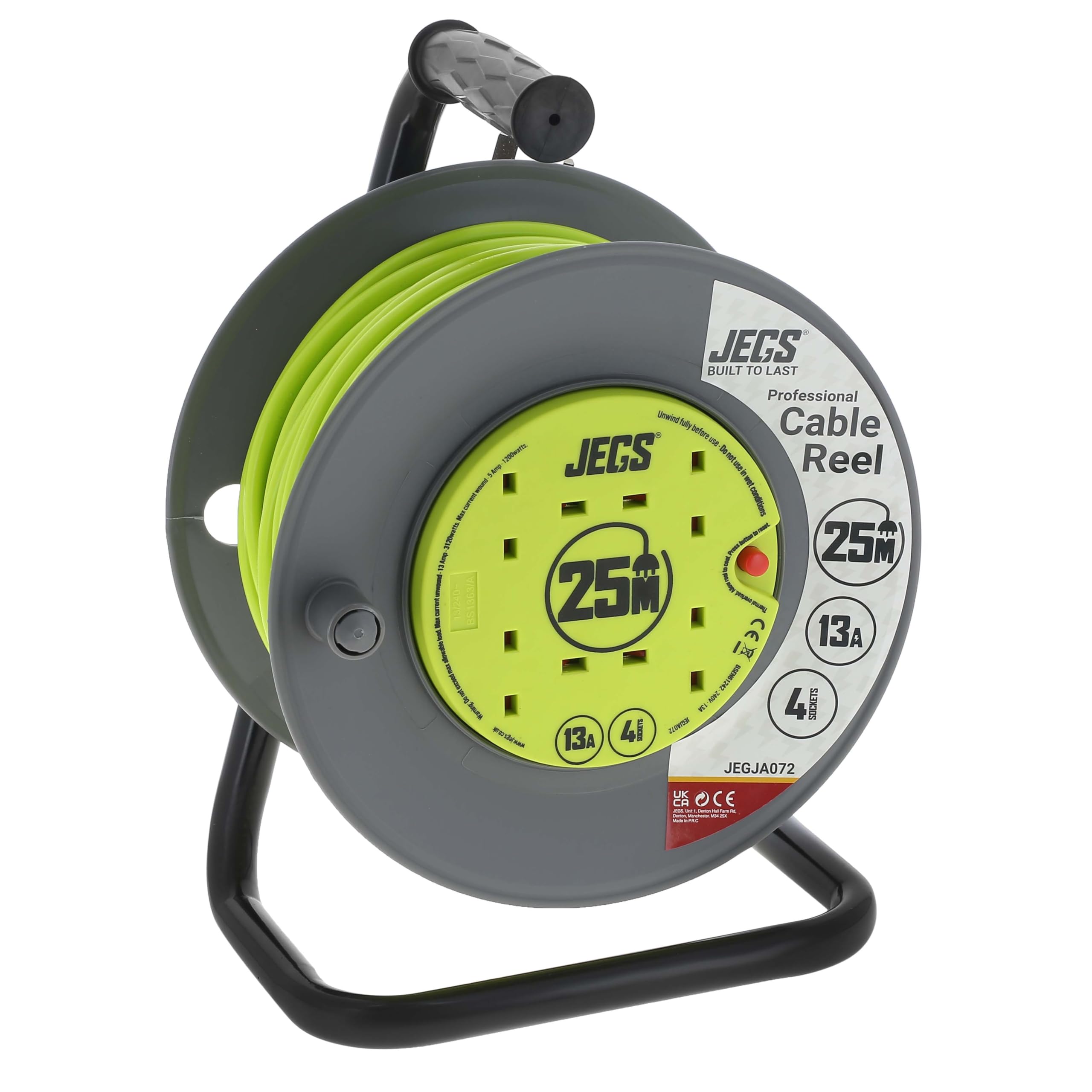 Jegs Four Socket Open Cable Reel Extension Lead with Winding Handle, Thermal Cut Out and Power Switch, 25 Metres High Visibility Green Cable