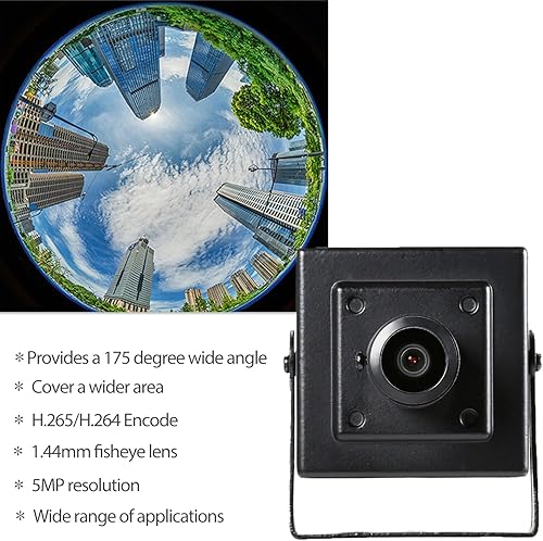 Miniatura 5 de Mini cámara POE de 5 MP, lente ojo de pez de 0.057 in (175  FOV) Cámara de seguridad IP interior pequeña gran angular, video CCTV P2P POE IP H.265