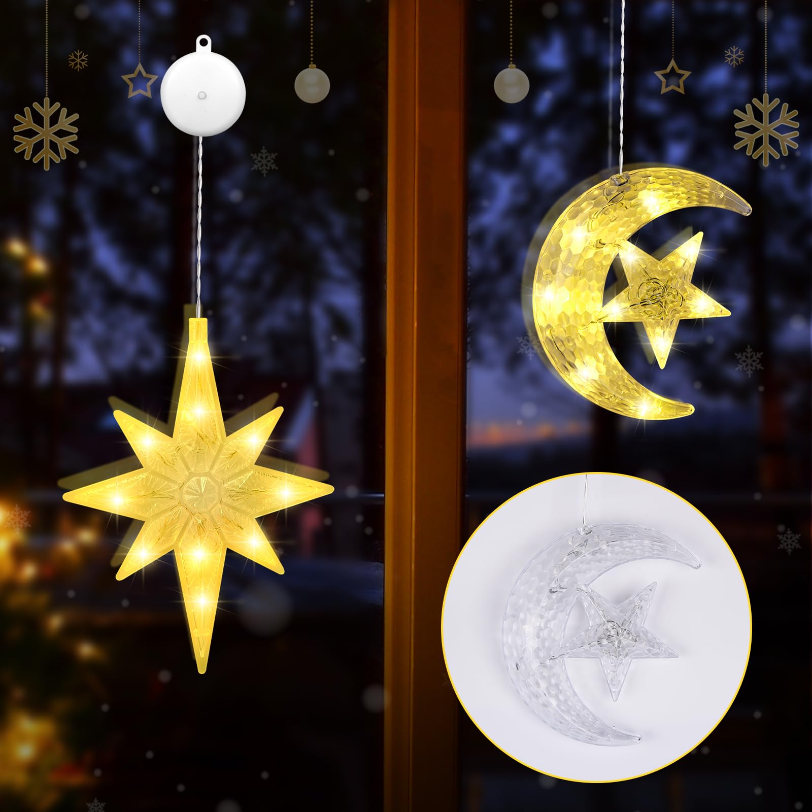 FORMIZON Luci Natale a Ventosa Finestre, Luci LED Natale Stelle, Luminarie Natalizie, Decorazioni Natalizie Luce per Albero di Natale Porta Finestre Interni (moon and stars)