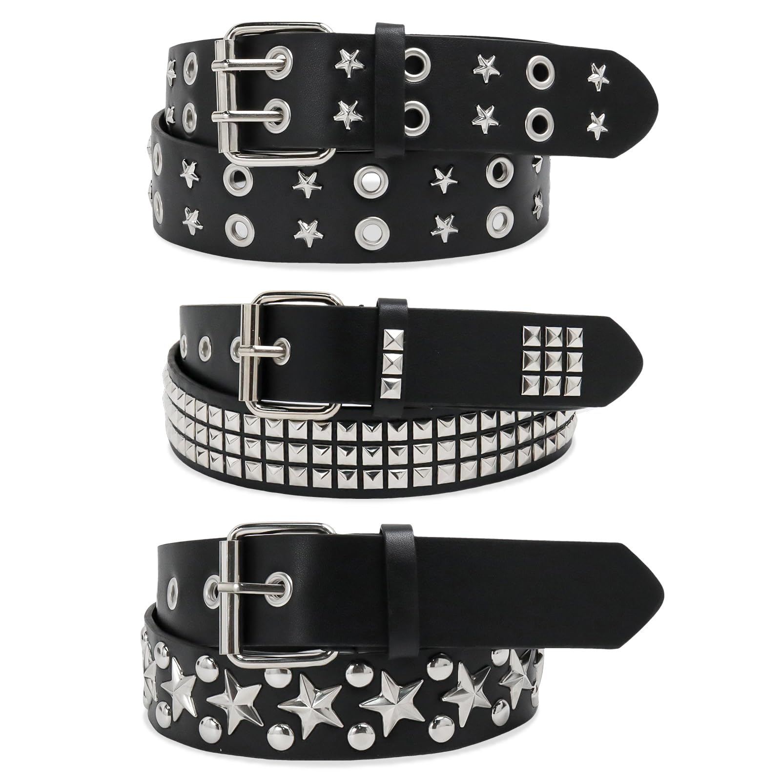 3 PCS Black Studded Belt Y2K Star Goth EMO Punk Rock Double