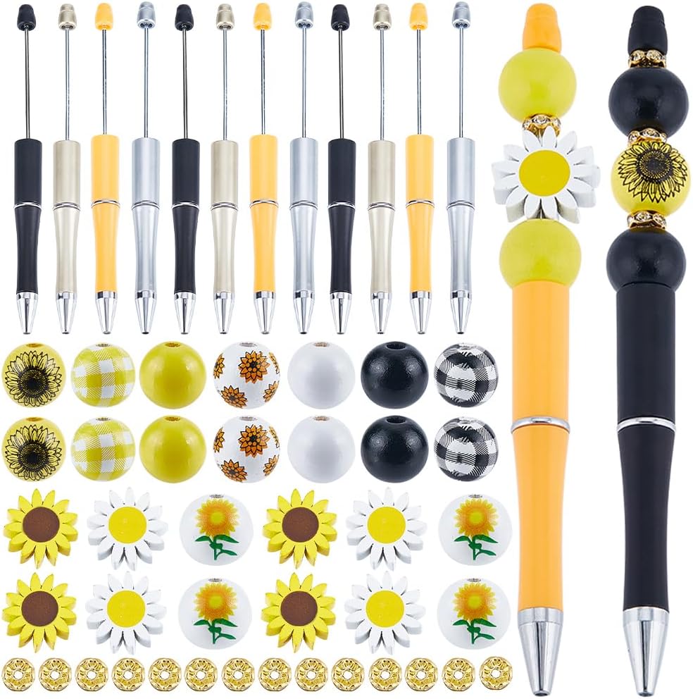 SUNNYCLUE DIY 12 Sets Beadable Pens with Beads Bead Pen Making Kit Sunflower Focal Beads Flower Printed Wood Beads Black Ink Ballpoint Pen Thanksgiving Day Beaded Pen Supplies for Women Teacher Nurse