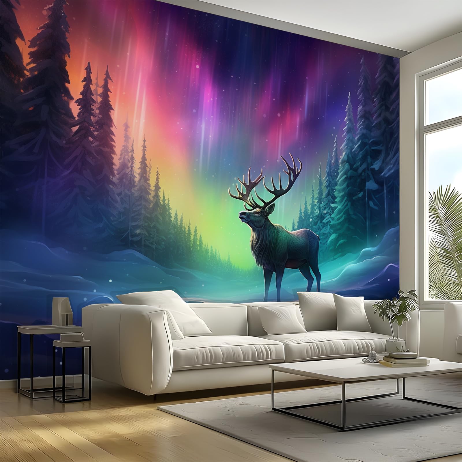 Aurora Photo Wallpaper, 3D Elk Wall Mural, Peel and Stick Wall Murals, Large Photo Wallpaper for Living Room Bedroom Dormitory Hotel Themed Rooms 400 x 280 cm
