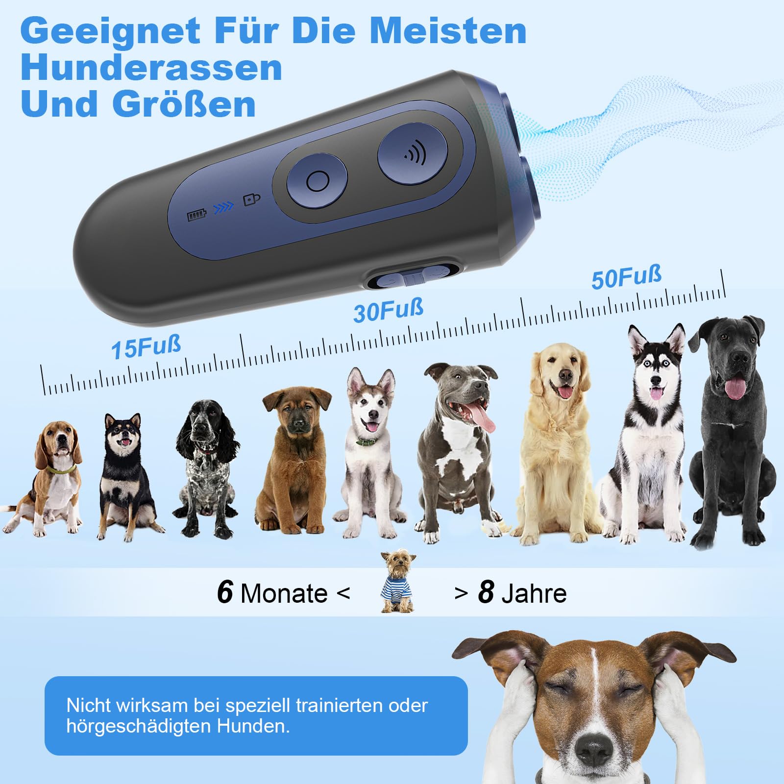 Anti-Bell Gerät für Hunde, Ultraschall 3 Modi Hundetrainingsgerät bis 15 m Reichweite, Tragbarer Bellerstopper ohne Schock, Harmloses Hundetraining mit Taschenlampe, Wiederaufladbar für Innen & Außen