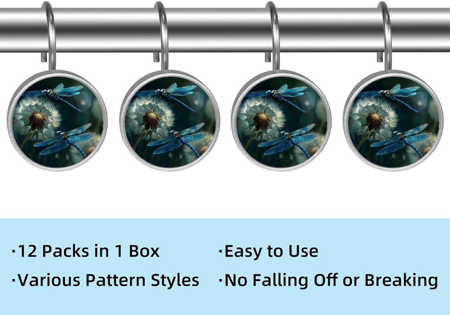 Blue Dragonflies Flying Around Dandelion (1) Round Crystal Glass Decorative Shower Curtain Hooks with 3D Pattern Visual, Rust Proof Shower Curtain Rings-12 Pack