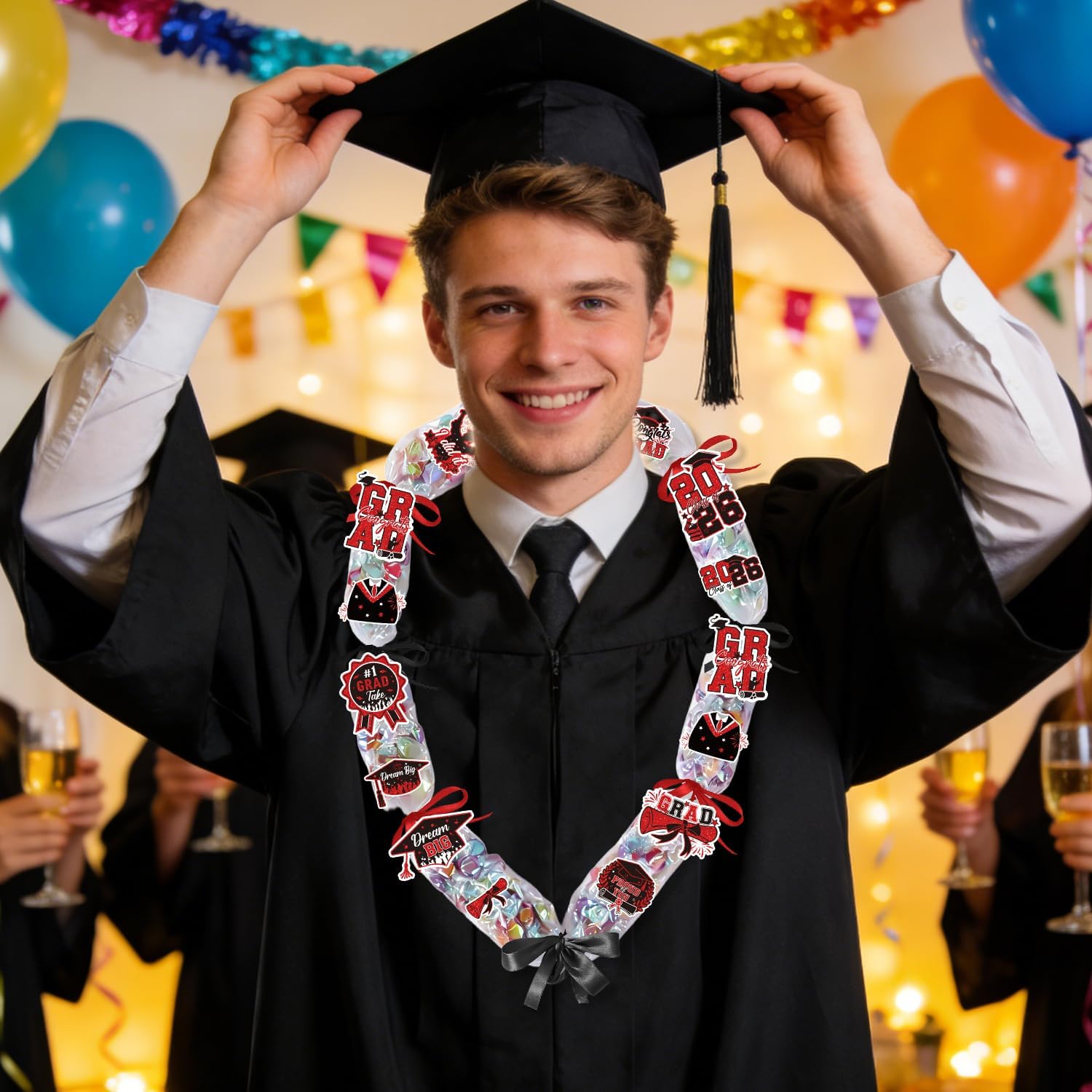 Candy Leis for Graduation 2026 - Candy Lei Making Kit Clear Poly Tubing Red Black, 12 Tubing Clear, 2 Rolls Ribbon, 72 Paper Cards 12 Stickers DIY Grad Gift Supplies College High School
