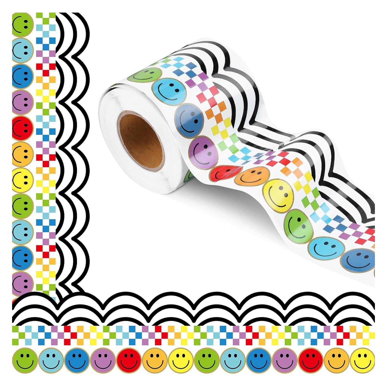 Smiling Face Pattern Border Trim Wall Sticker Bulletin Board Border Trim 32.8ft for Classroom Notice Board Chalkboard Sticker Roll for Decorations