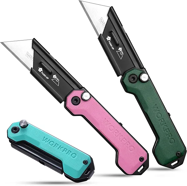 WORKPRO 3-Pack Folding Utility Knife, Compact EDC Box Cutter with G10 Handle, Axis Lock & Belt Clip, Quick Change Blade Razor Knife for Cardboard, Plastic, Cartons, Leather & Rope Multicolor