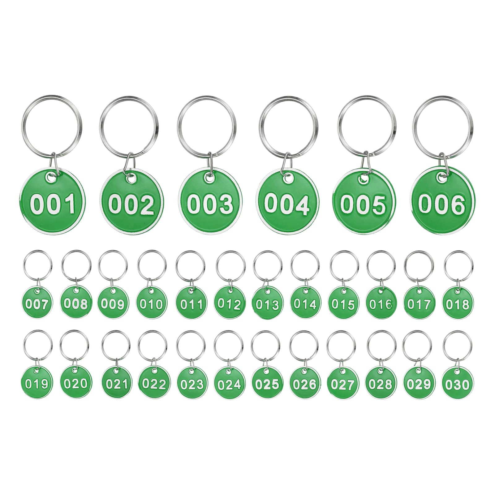 PATIKIL 30PCS Number Tags 1-30, Table Number Key Tags Aluminum Numbered Keychain Metal with Key Rings for Organizer Field Sales Hangers Clothes Labels ID, Green