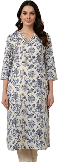Kalaanj Women's Floral Printed Straight Fit Long Kurti |Comfortable Cotton Kurta | Everday Wear Casual Summer Kurtis