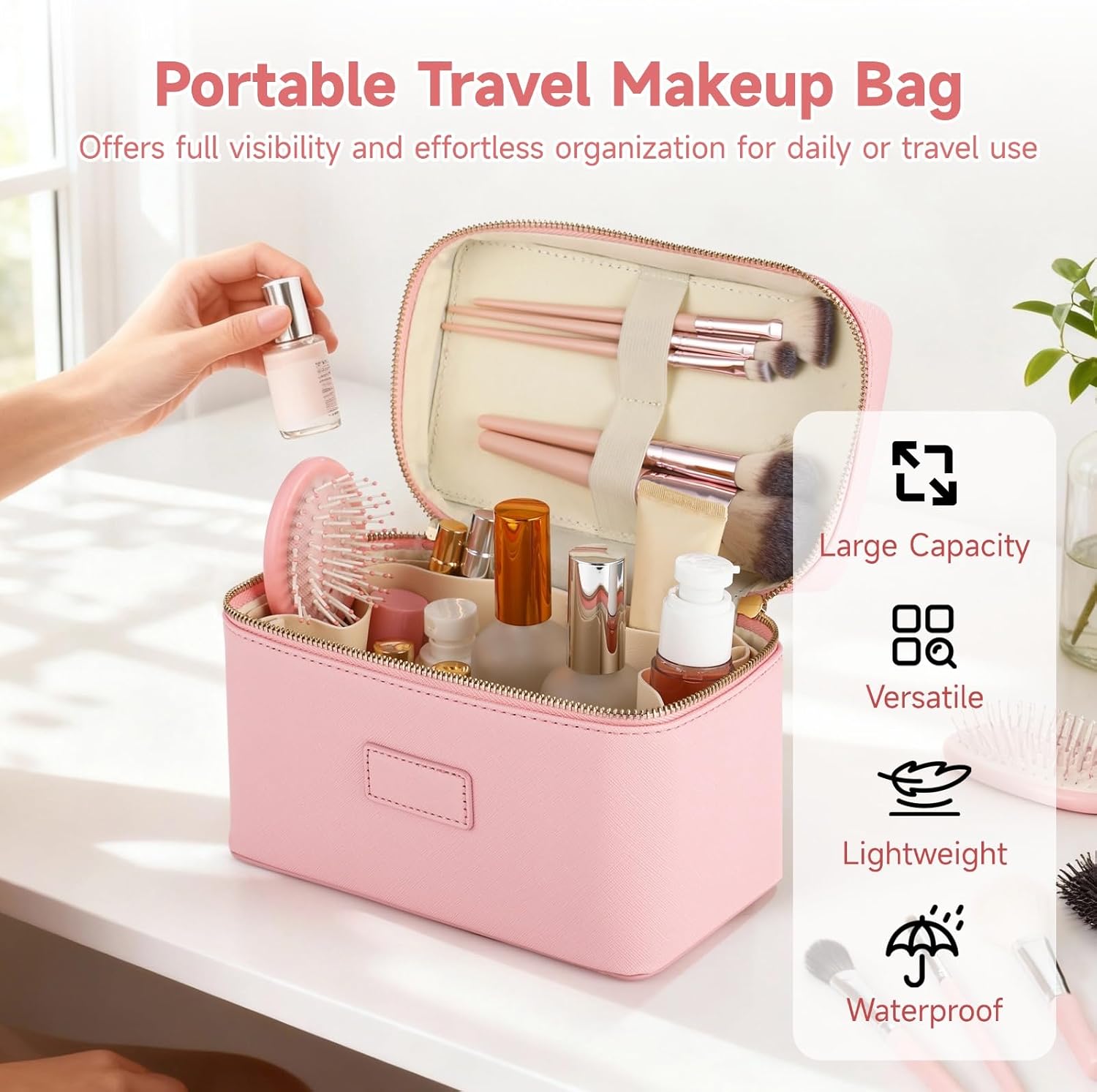 Makeup Vanity Bag for Women - Large Capacity Cosmetic Organizer with Removable Liner, Waterproof PU Leather Skincare Bag, Portable Chic Cosmetic Make Up Case for Skincare, Accessories,StyleB, Pink