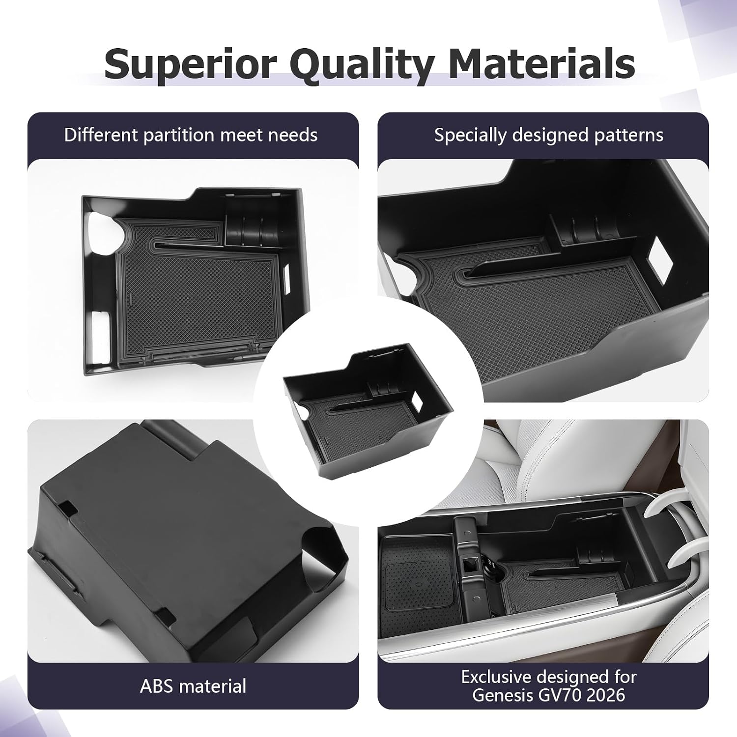 LUWU 2026 2027 Genesis GV70 Center Console Organizer Compatible with Genesis GV70 2026 227 Accessories Armrest Console Storage Box Insert Tray Secondary Insert Tray ABS Material Coin Container Black