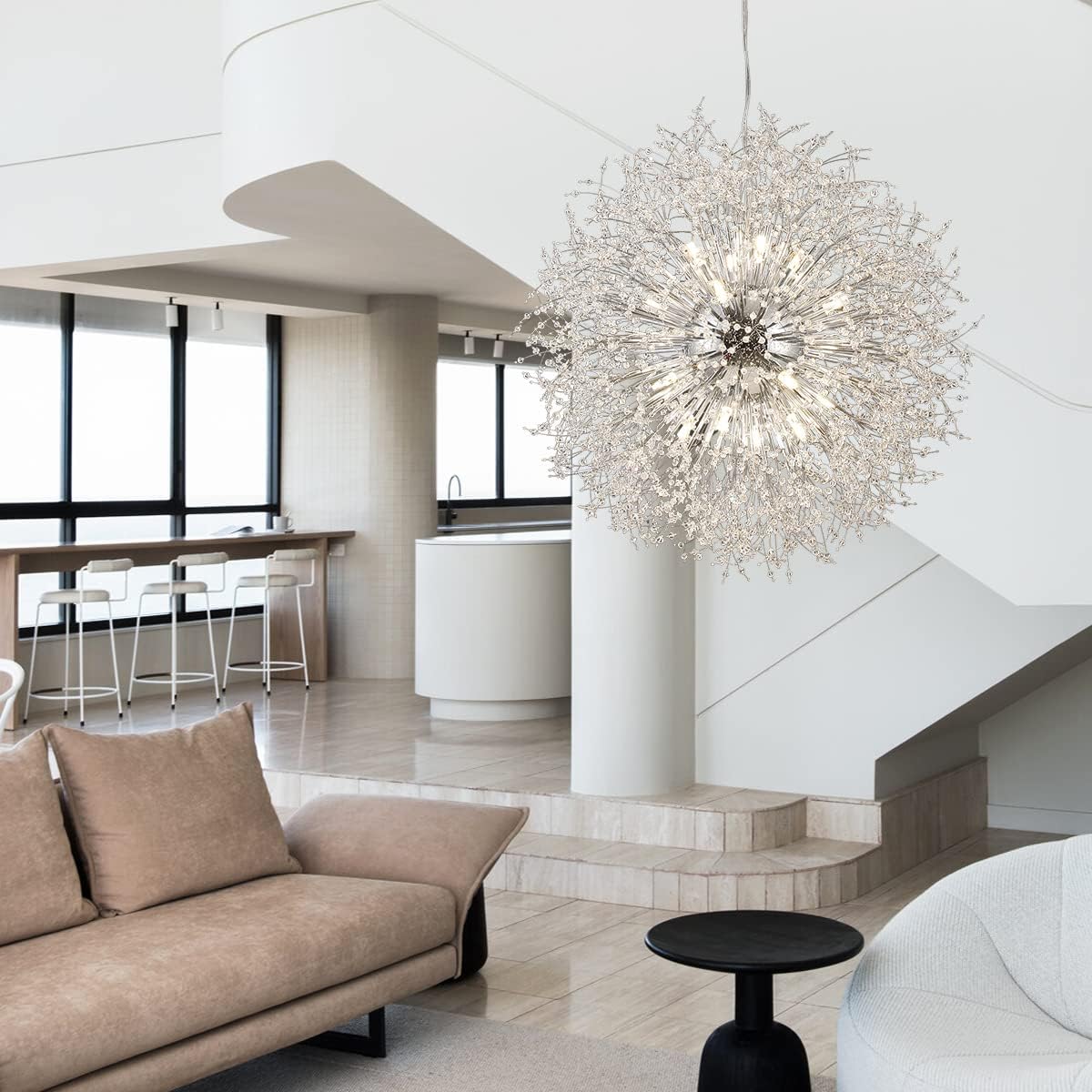 Large Fireworks Crystal Chandeliers, 24-Light Chrome Dandelion Pendant Chandelier, 120W Modern Sputnik Crystal Chandelier Lighting for Living Room Entryway
