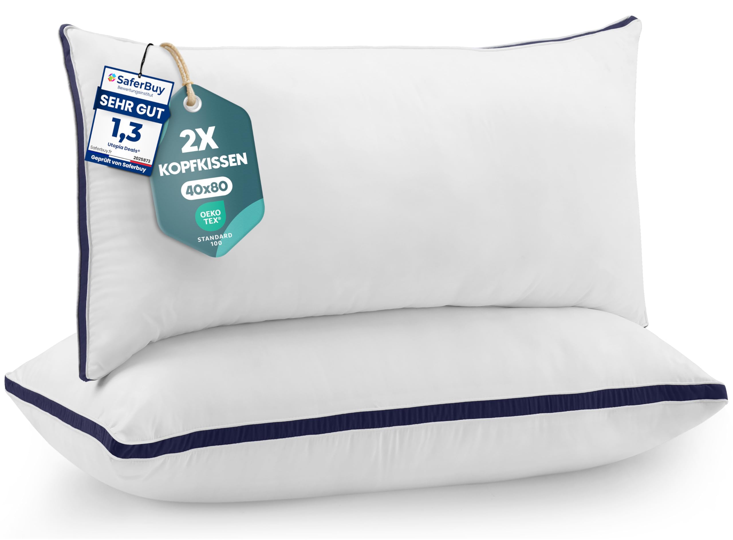 Utopia Bedding Kopfkissen (2er Set), 40 x 80 cm Schlafkissen, Gebürsteter Stoff Bezug Bettkissen, Premium Qualität Weich et Atmungsaktiv Kissen (Marineblau)