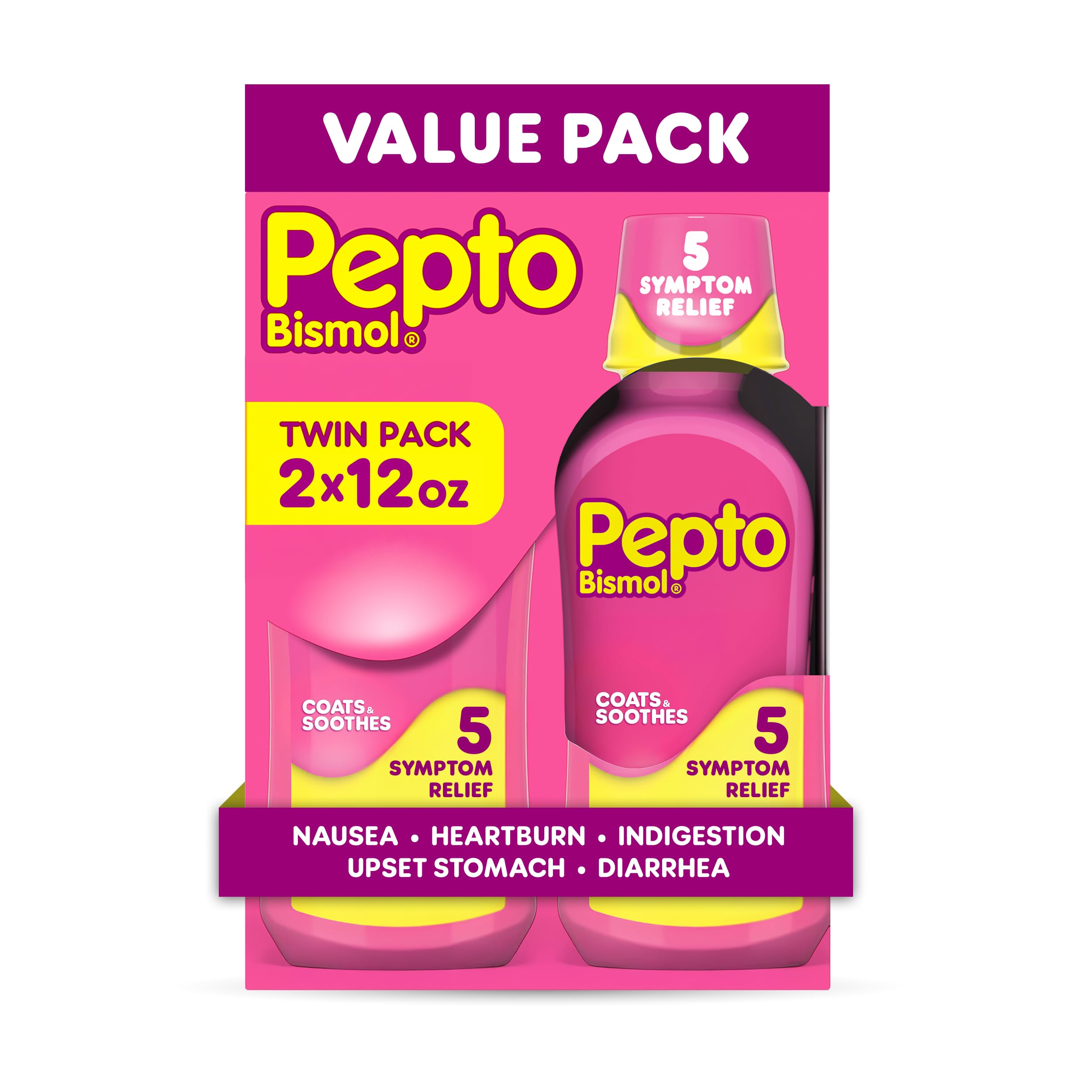 Pepto Bismol Liquid, 5-Symptom Relief, 2x12 oz