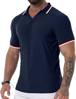 Men's Muscle Polo Shirts V Neck Slim Fit Ribbed T Shirts Short/Long Sleeve Golf Collar Shirt Knit Casual Tee