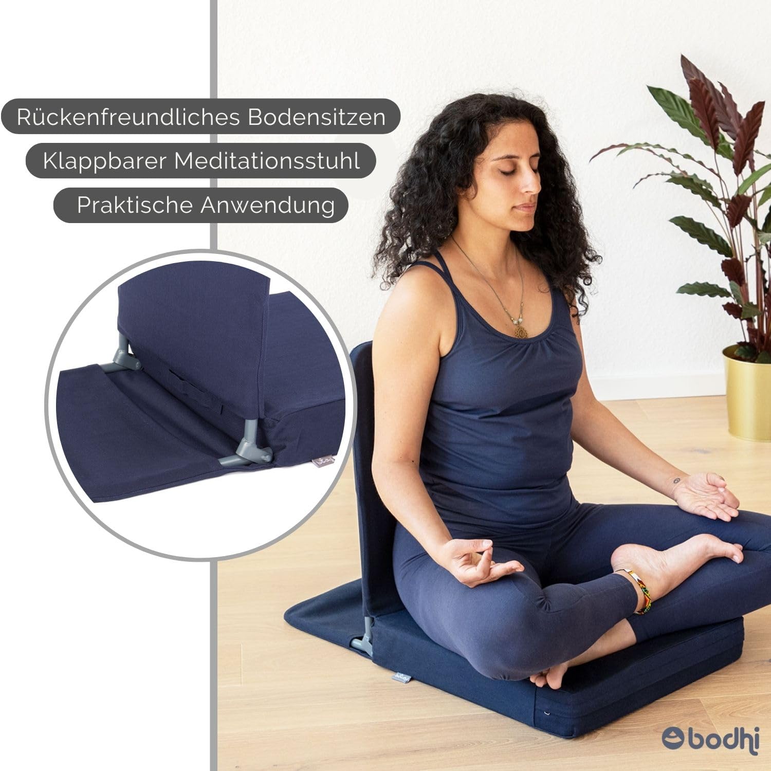 Bodhi Mandir Bodenstuhl XL | Klappbarer Meditationsstuhl mit dickem Sitzkissen | Bodensessel mit gepolsterter Rückenlehne | Sitzstuhl für Yoga & Mediation | Waschbarer Bezug | Nachtblau
