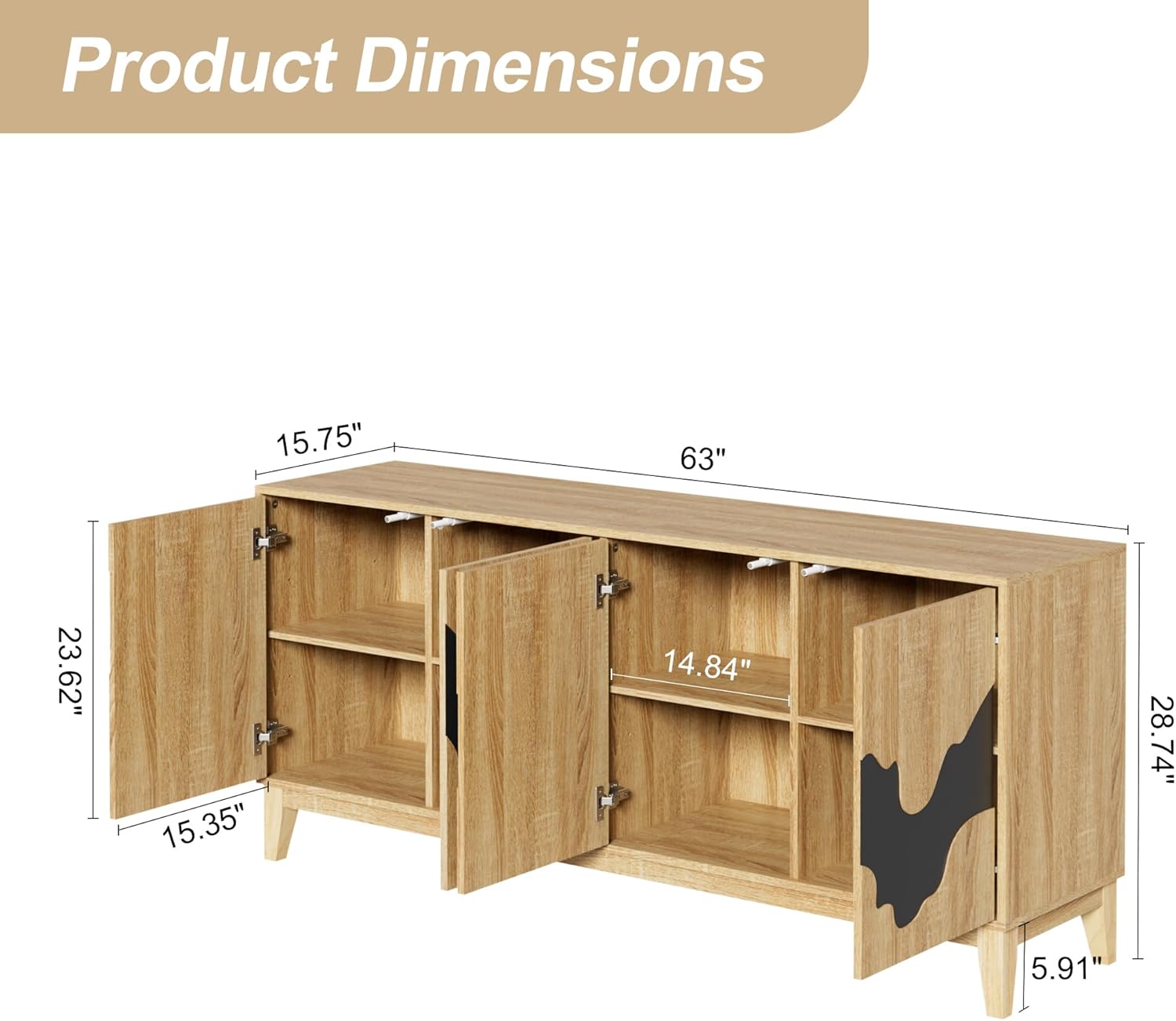 Natural Buffet Cabinet Sideboard with Storage 63'' Distinctive Coffee Bar with Flowing Water Patterns Kitchen Buffet with 4 Doors for Bedroom, Living Room (Natural and Black)