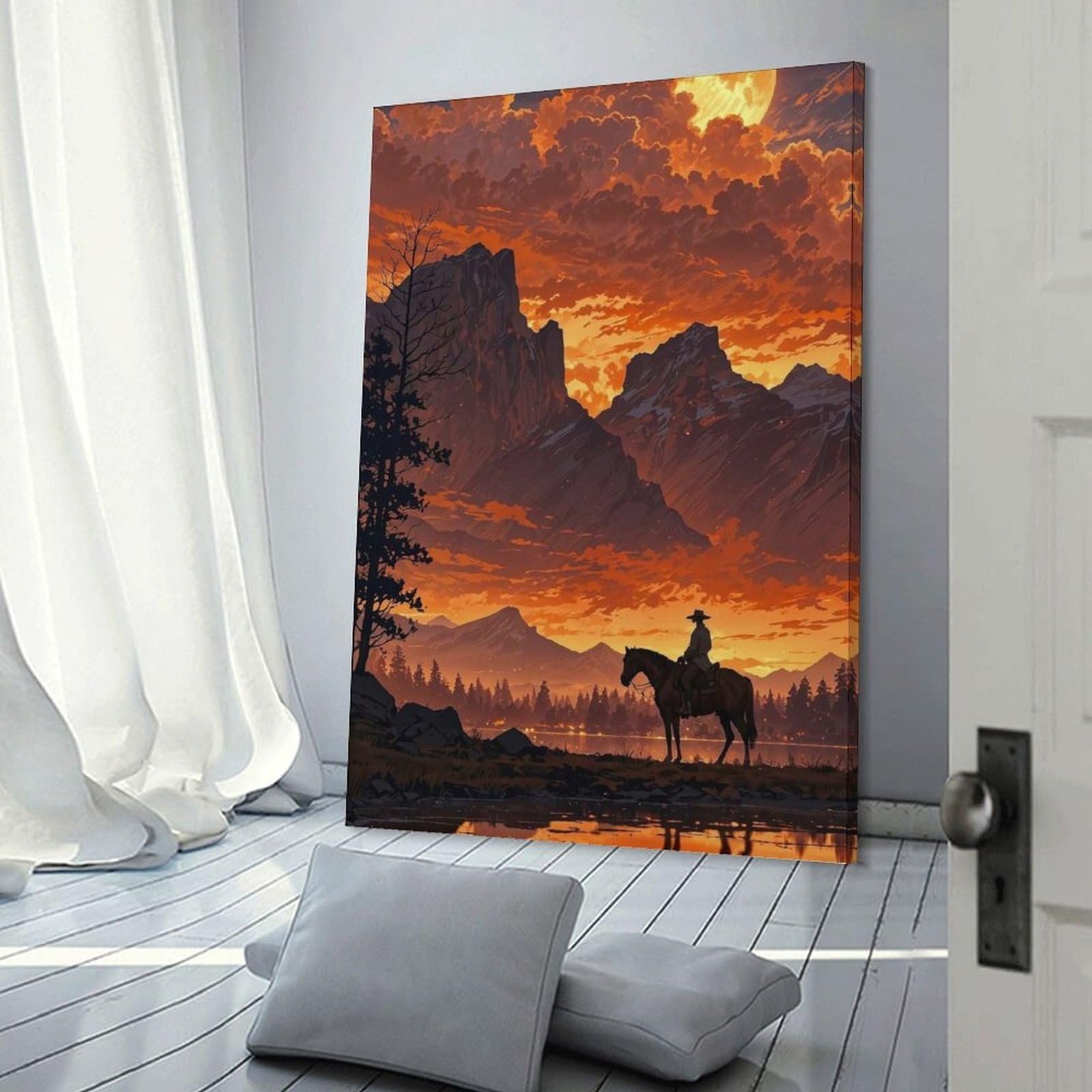 Junmoney Frame-Style-23 Decorative Wall Artwork Cowboy On Horseback At Sunset, 08X12inch(20X30cm), For New Homes, Bedrooms Or Workspaces, Canvas Artwork With Gifting Potential
