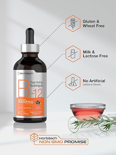 Miniatura 5 de B-12  5000mcg  4oz  Vitamina líquida sublingual de acción rápida sabor a bayas naturales  Fórmula vegetariana, sin OMG y sin gluten  por Horbaach