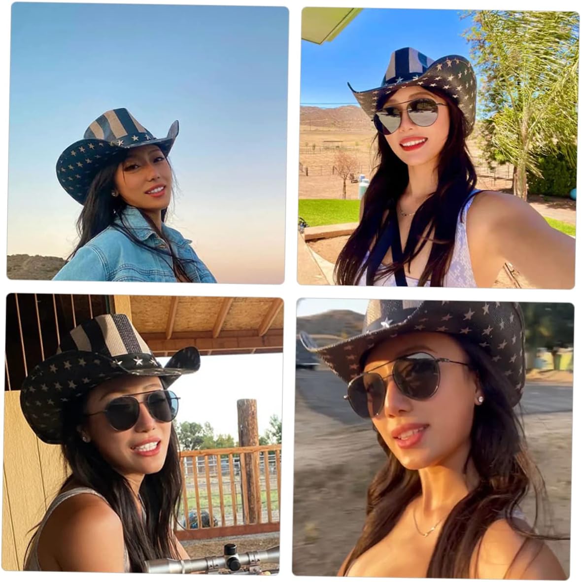 Classic Western Cowgirl Hat Straw Cowboy Hat for Men Women Outdoor Festival USA Party Headwear with American Flag Design Vintage Style Black