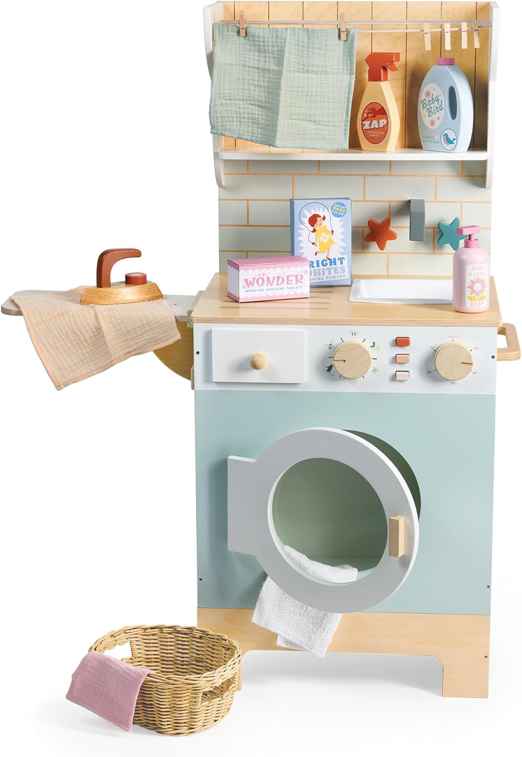 Tender Leaf Toys - Tender Leaf Laundrette - Wooden Laundry Play Set for Kids - Includes Washer/Dryer, Ironing Board, Basket, Pegs, and Accessories - Encourages Imaginative Role-Play - Age 3+
