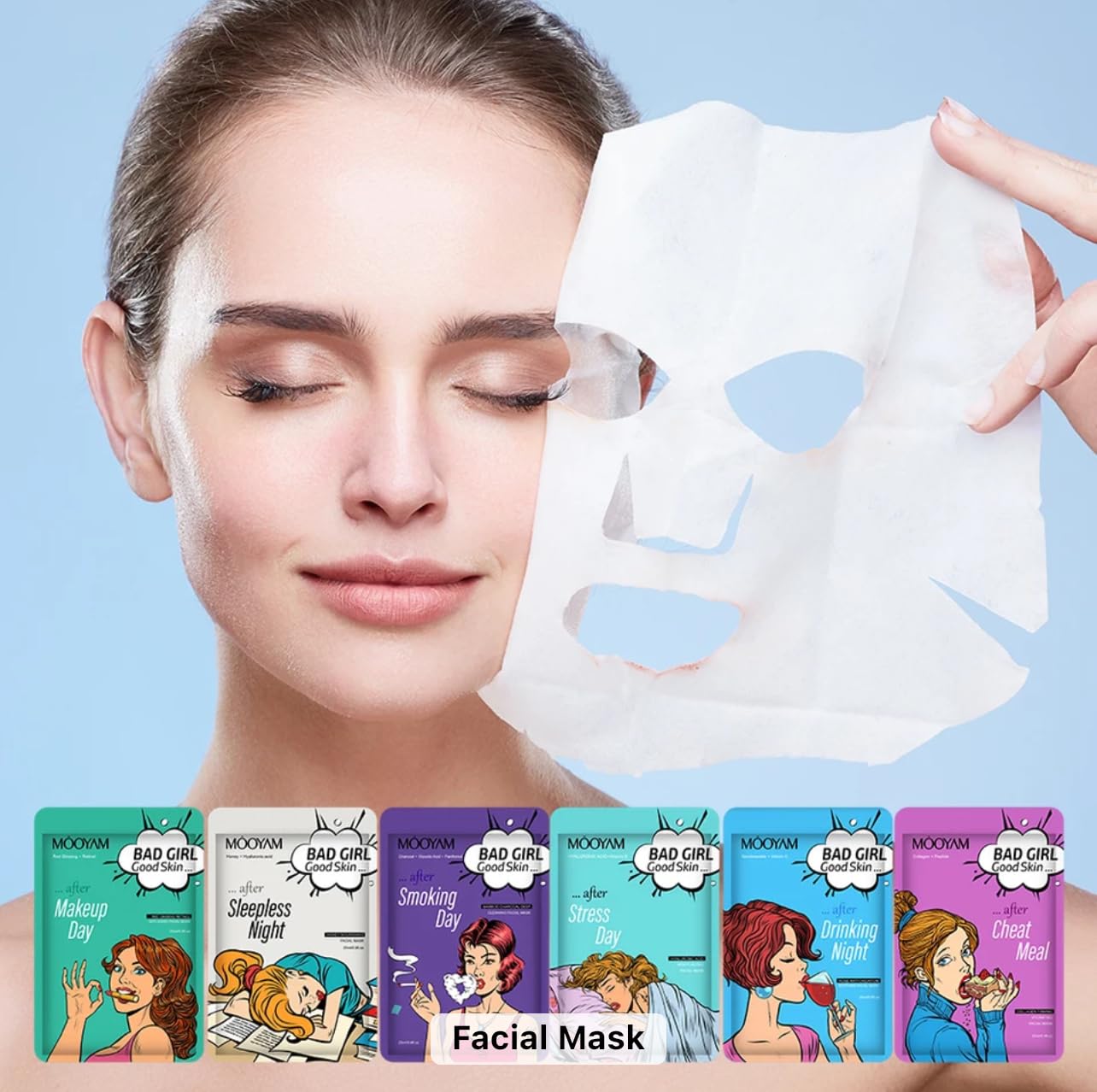 BAD GIRL Face Mask Set – 6 Hydrating Sheet Masks for Tired, Dry, Dull Skin – Korean K-Beauty Skincare Kit – Self-Care Gift for Women – Pop Art Design Brand image 9 of 9 B0CNKY6YCQ