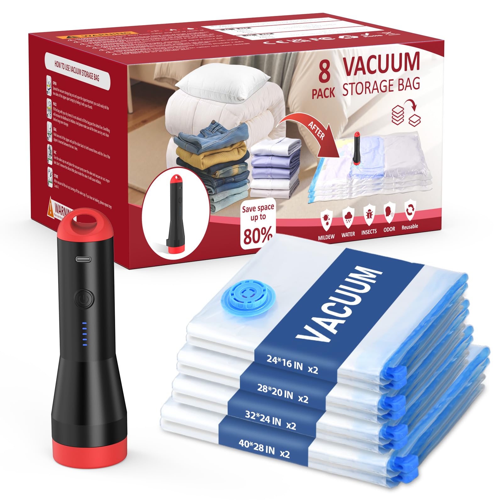 Vacuum Seal Bags for Clothing with Rechargeable Electric Pump,8Pcs
