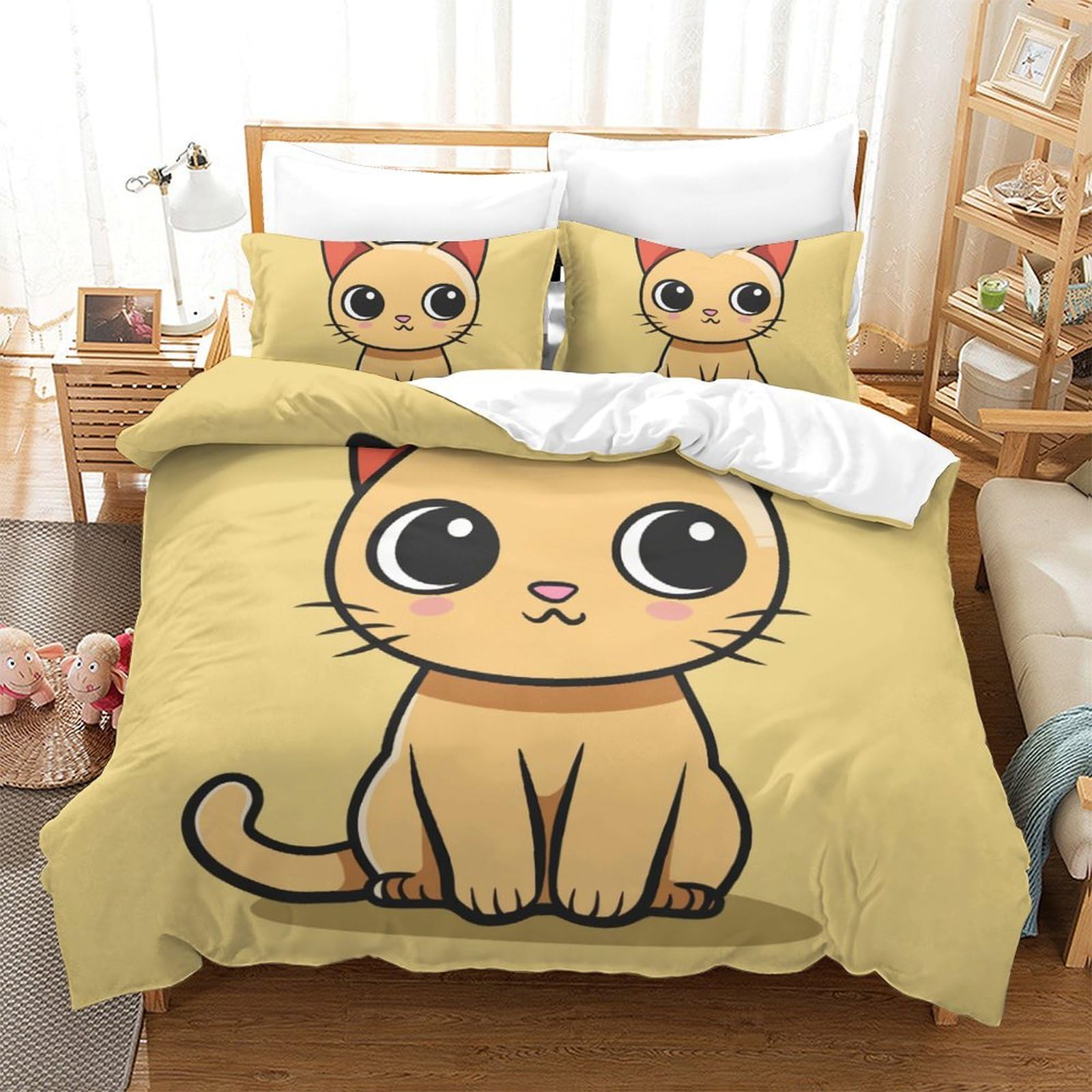 Housse de couette chat 3D avec fermeture éclair literie microfibre king 220x240cm anti-plis ado