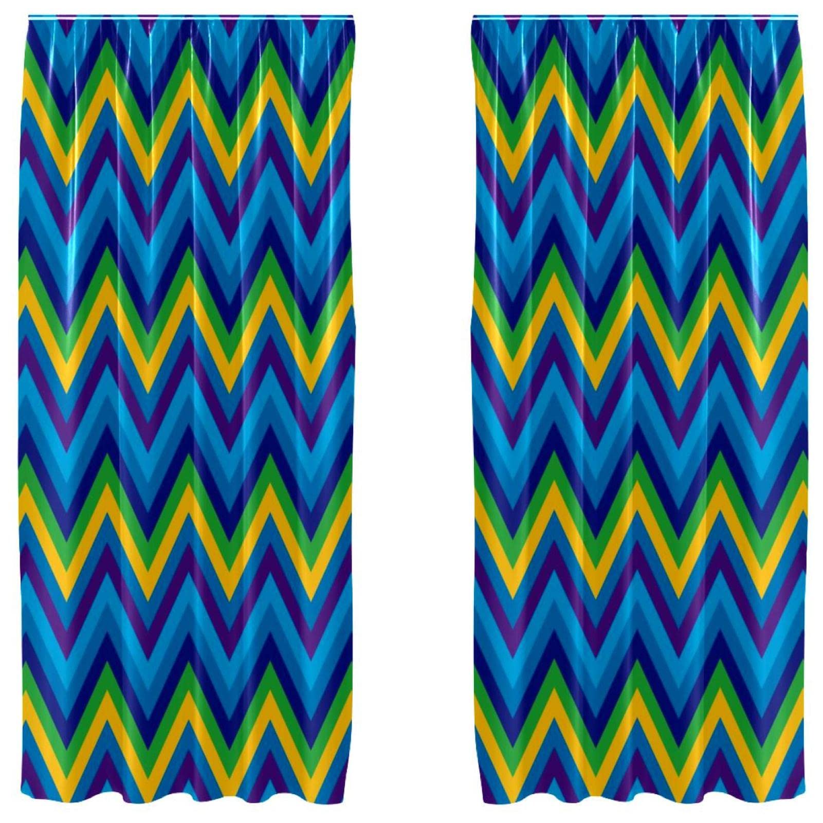 Rideau de fenêtre de salon bleu jaune violet 140x213 cm à motif chevron géométrique