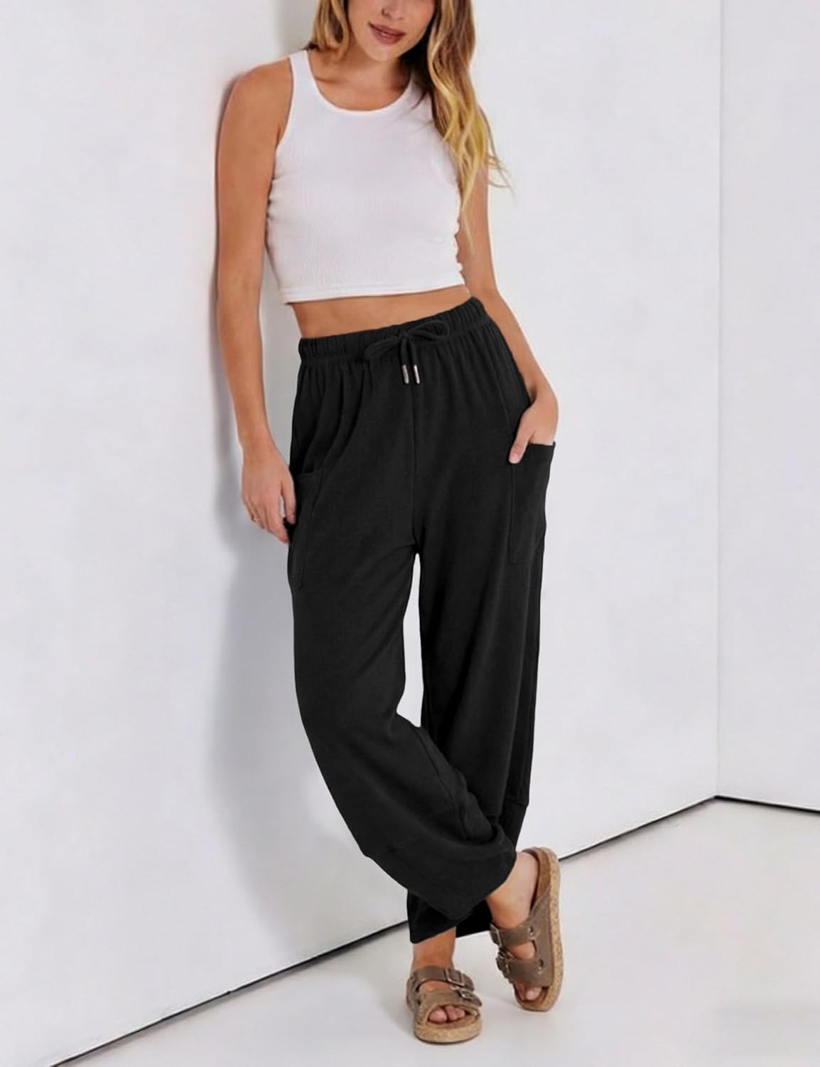 Athlisan Womens Wide Leg Pants Elastic Waist Baggy Palazzo Harem Pants with Pockets - Image 3