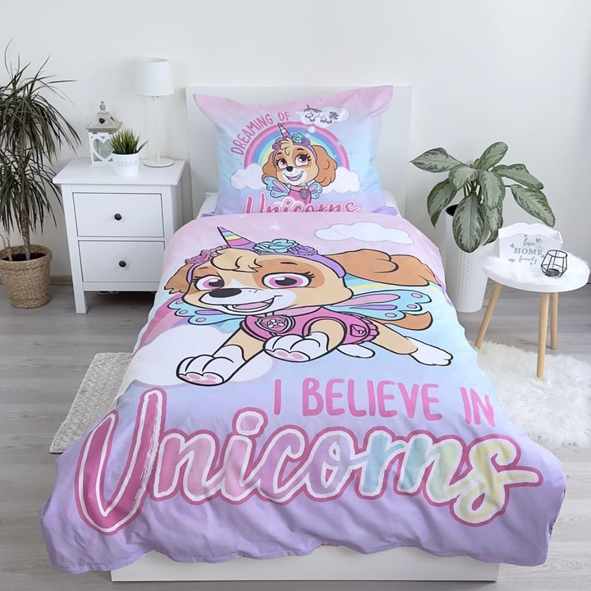 Jerry Fabrics PAW Patrol Biancheria da letto per bambini I Believe in Unicorns - Skye Unicorno Nuvola Arcobaleno Copripiumino 140 x 200 + Cuscino 70 x 90 cm 100% Cotone