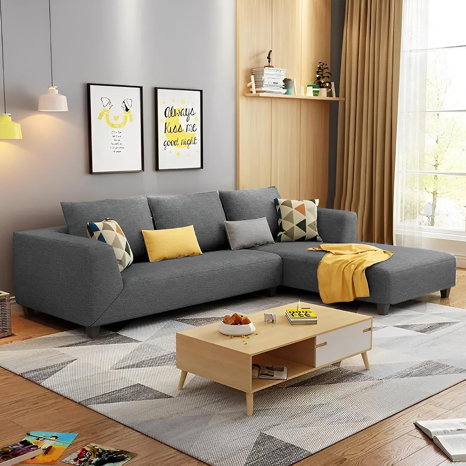 Casaliving Minta RHS 4 Seater L Shape Sofa Set for Living Room (Dark Grey in Colour Fabric) Premium Fabric Sofa Set for Living Room - Hall - Office