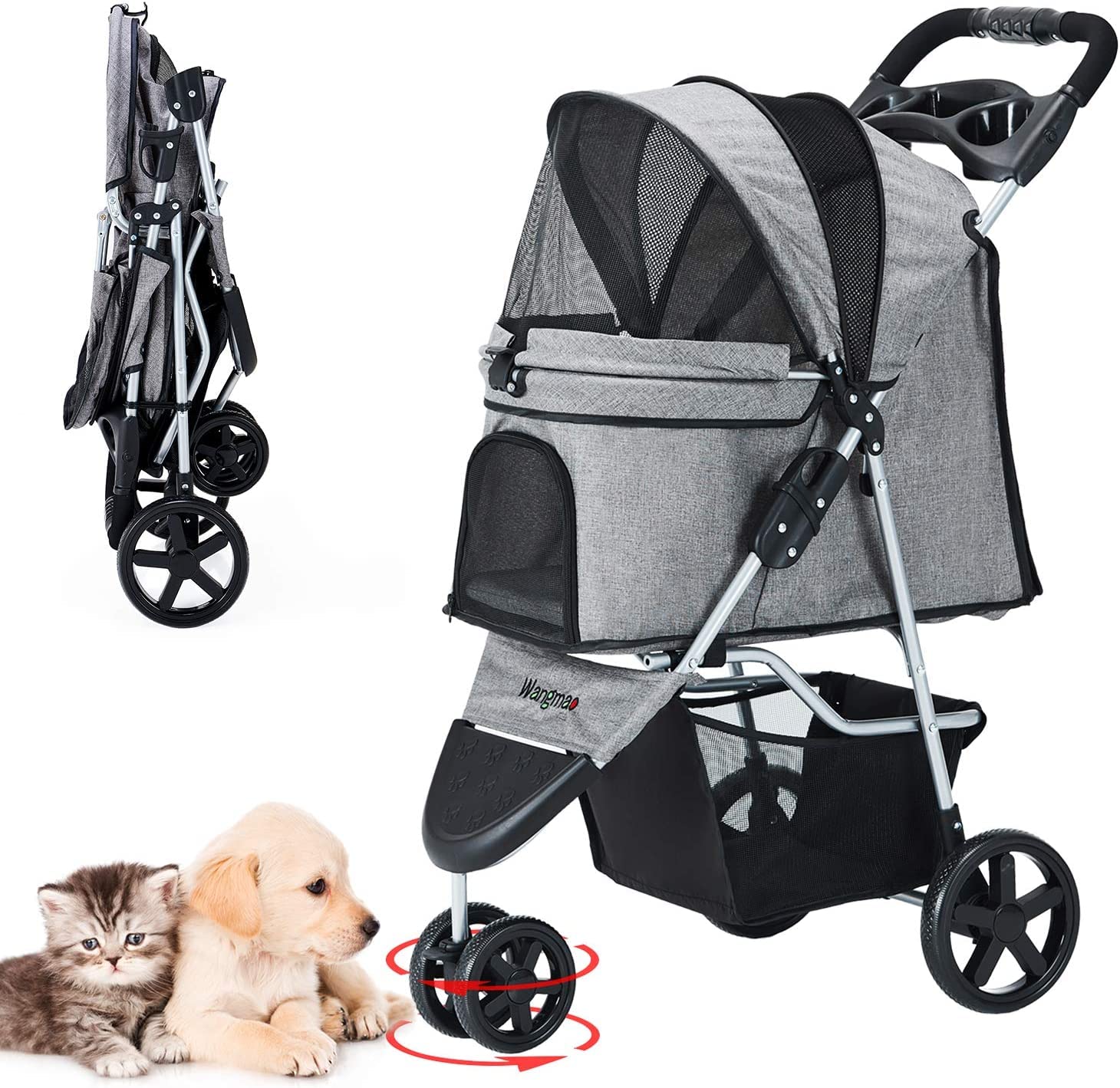Carrito para Perros, Cochecito Plegable Mascotas Cochecito de Mascotas de 3 Ruedas para Gatos/Perros, Cochecito para Perros Adecuado para Perros Pequeños de Hasta 15 Kg (Gris)