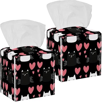 2 Pack Cat Hearts Tissue Box Cover, Square Tissue Box Holder with Bottom Belt, PU Leather Tissue Holder for Bathroom/Car/Office Decor