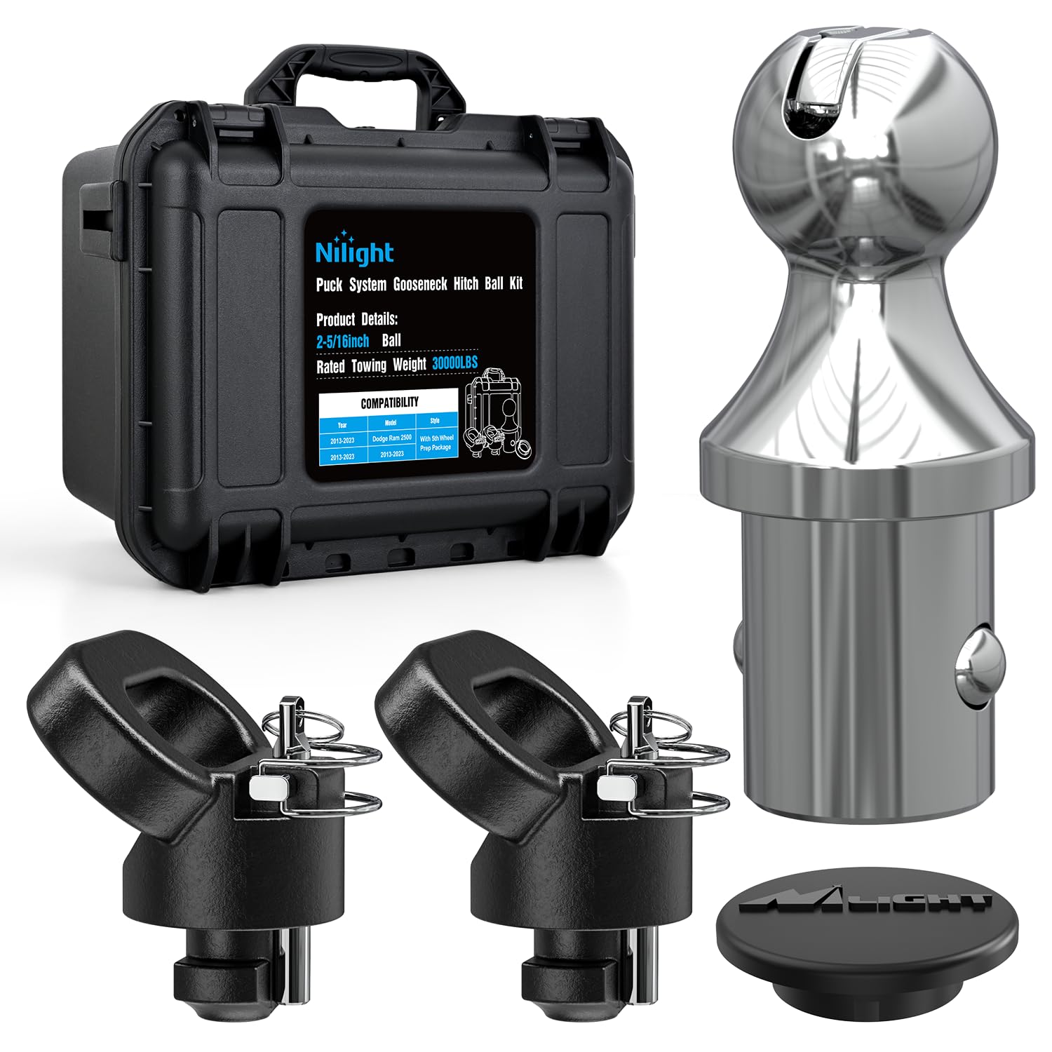 Nilight 60618 Puck System Gooseneck Hitch Ball Kit, Compatible with 2013-2025 Dodge RAM 2500 3500, 2-5/16 Inch Gooseneck Ball for Truck Bed with 2 Safety Chain Anchors w/Storage Box