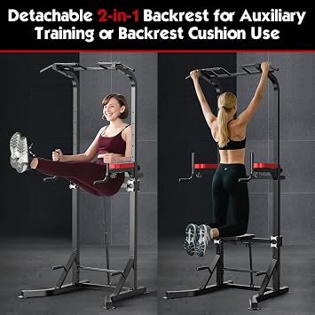 Adjustable Power Tower with Pull-Up Bar & Dip Station, 160–220 cm | Freestanding Home Gym Station with Back Support & Hydraulic Adjustment for Pull-Ups, Dips and Strength Training