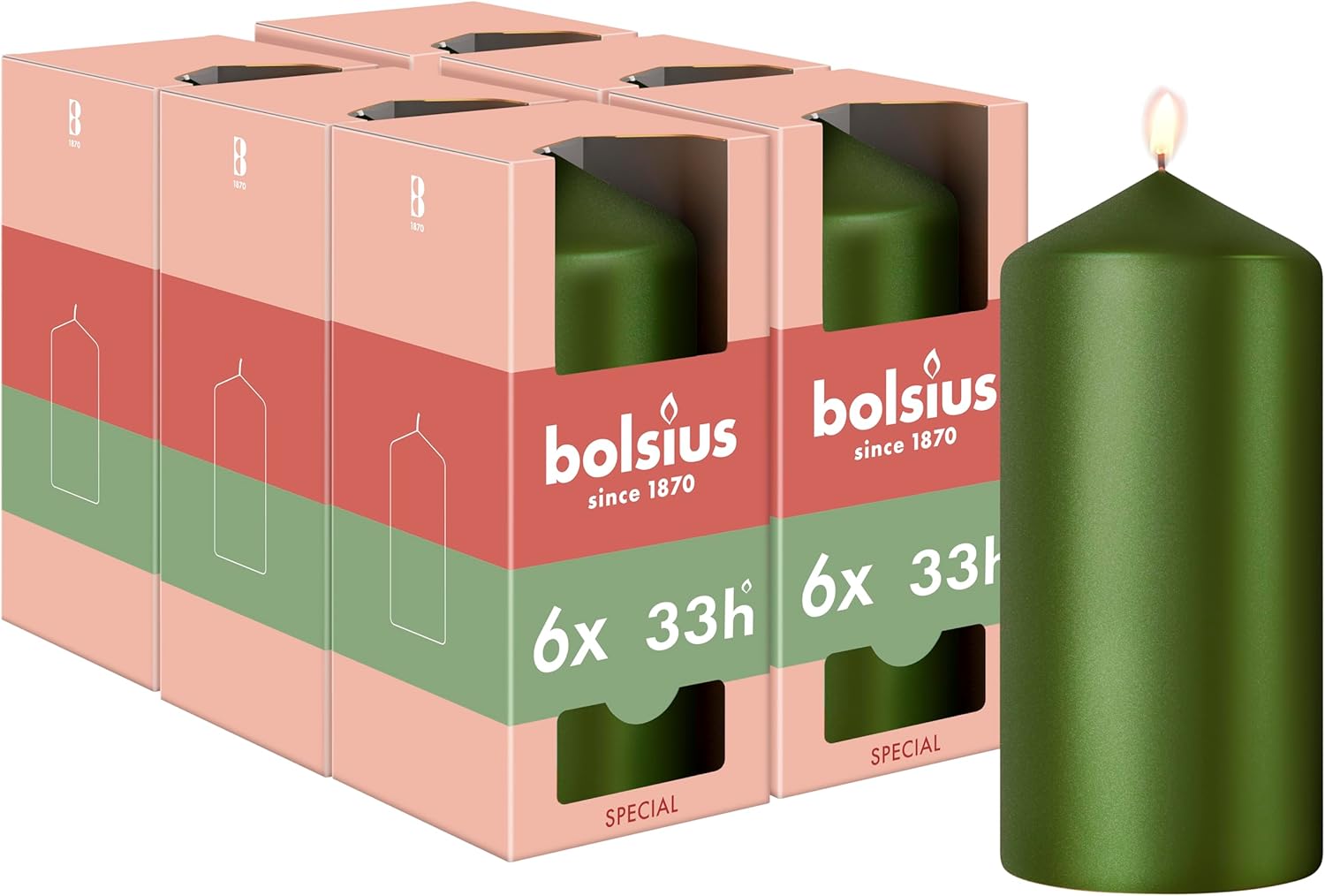 bolsius - Special Essentials - Smooth Pillar Candles - Pack of 4 - Metallic Green - 12cm - Decorative Candles - Made from Natural Plant Wax - Palm Oil Free