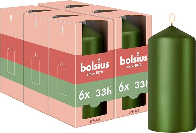 Bolsius – Special Essentials – Velas Cilíndricas Lisas – Set de 6 – Verde Metálico – 12 cm – Velas Decorativas – Fabricadas con Cera Natural de Origen Vegetal – Sin Aceite de Palma