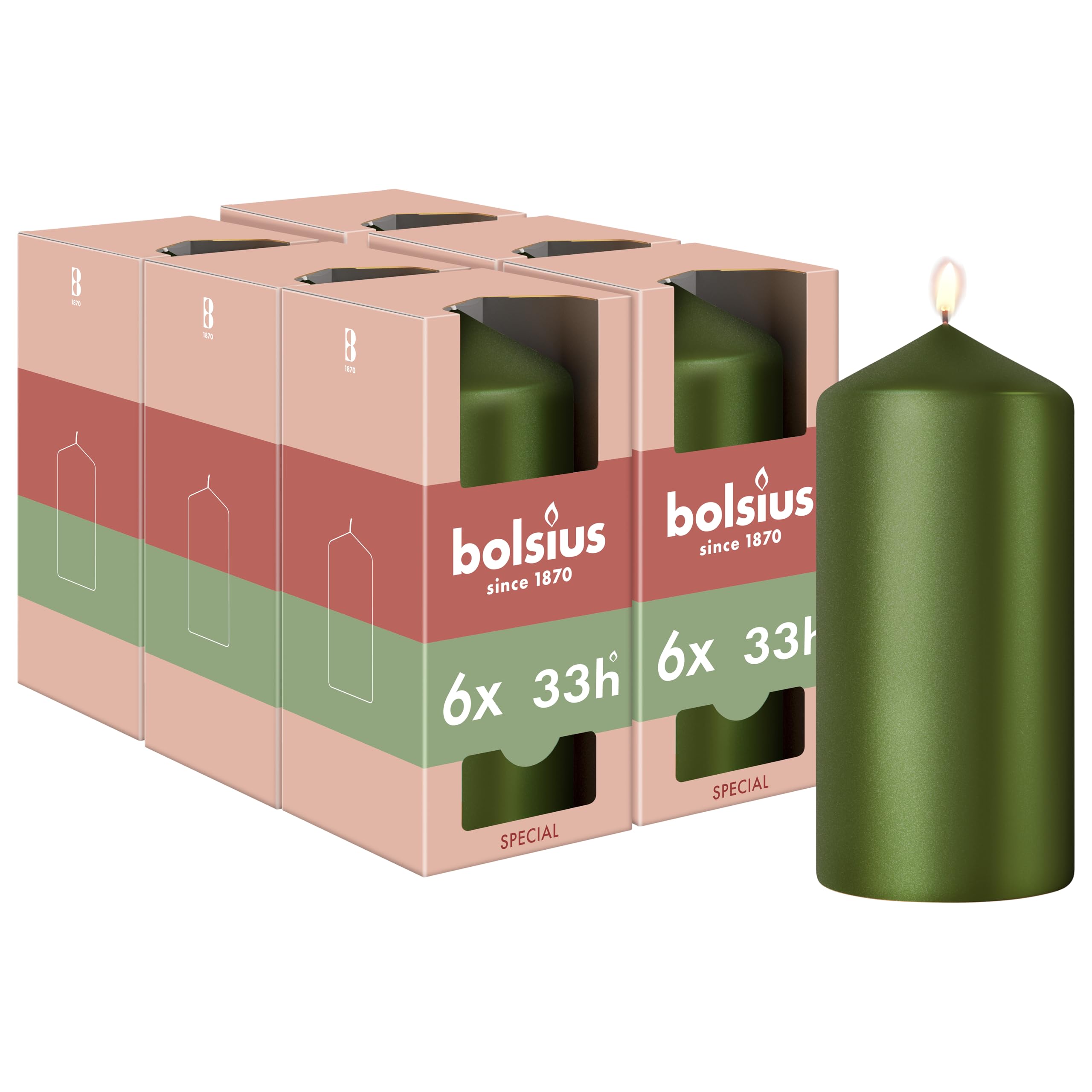 Bolsius – Special Essentials – Velas Cilíndricas Lisas – Set de 6 – Verde Metálico – 12 cm – Velas Decorativas – Fabricadas con Cera Natural de Origen Vegetal – Sin Aceite de Palma