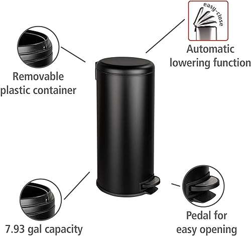 Miniatura 2 de WENKO Negro, bote de basura con tapa y pedal, cubo de basura para cocina con cubo interior extraíble, fácil de cerrar, acero, mate, 7.93 galones, 12