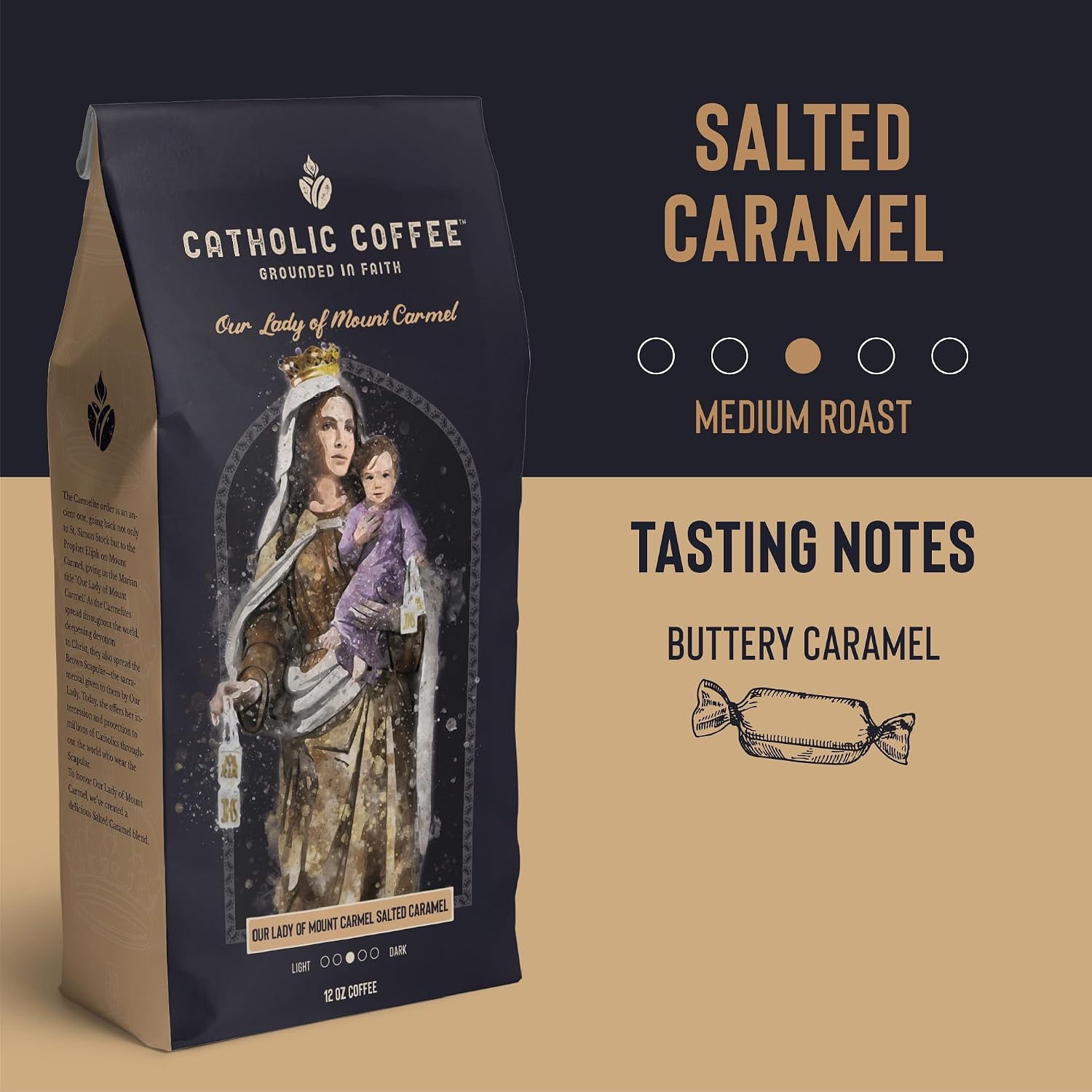 Catholic Coffee Our Lady of Mount Carmel | Medium Roast Ground Coffee – Buttery Salted Caramel Notes | 12oz Bag – Catholic Gift Honoring the Brown Scapular Devotion (Pack of 2)