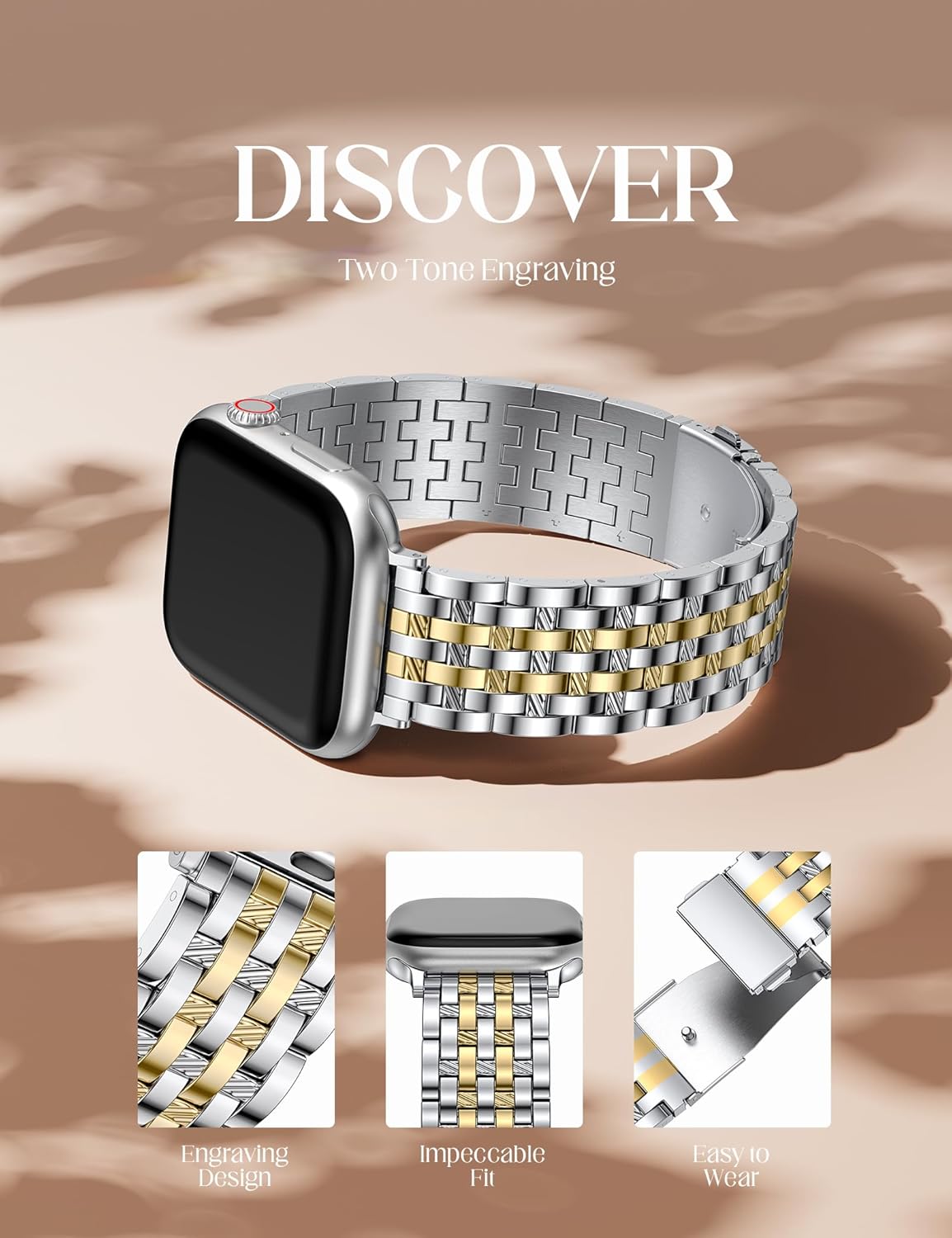 W-RARA Dual-Tone Metal Dressy Band Compatible with Apple Watch Band 38/40/41/42/44/45/46/49mm Women Men, Stainless Steel Seven-link Luxury Engraved Strap for iWatch SE Series 11/10 9 8 7 6 5 4 3 2 1 - Image 4